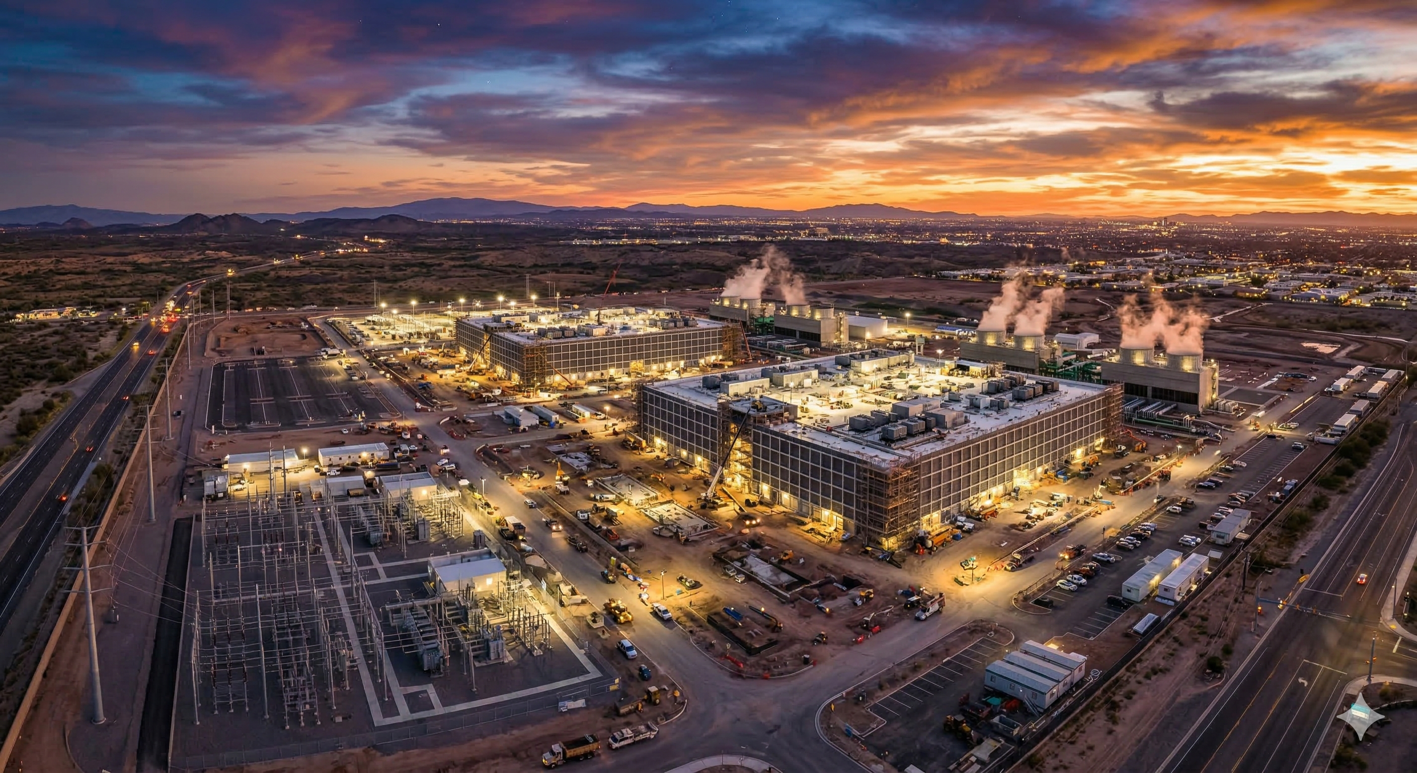 Aerial view of an AI data center campus under construction at dusk, with power substations and cooling infrastructure visible